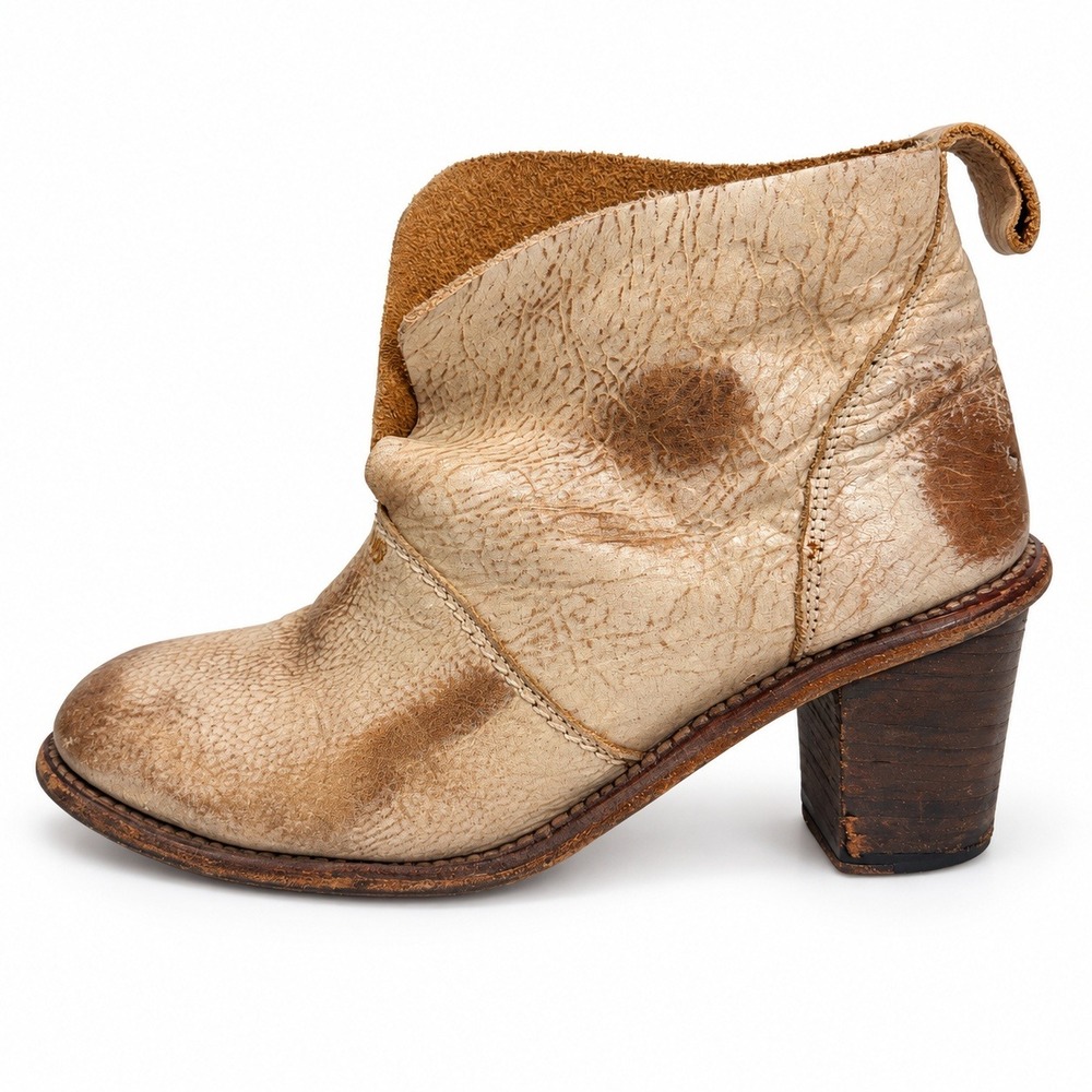 Bed Stu Size 8.5 Ankle Boots Distressed Leather Tan Cream Stacked Heel Western